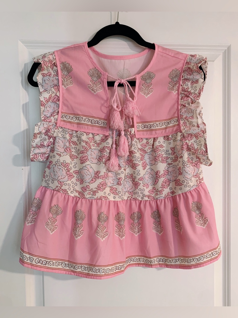 Amazon Pink Floral Tassel Peasant Blouse
